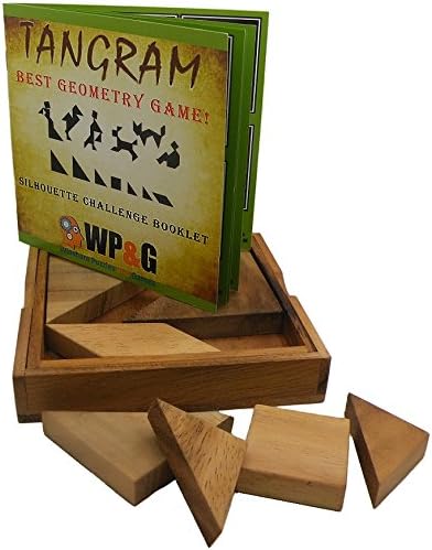 Tangram Wooden Puzzle Geometry Game, with 48 Silhouette Tangrams Challenge Booklet