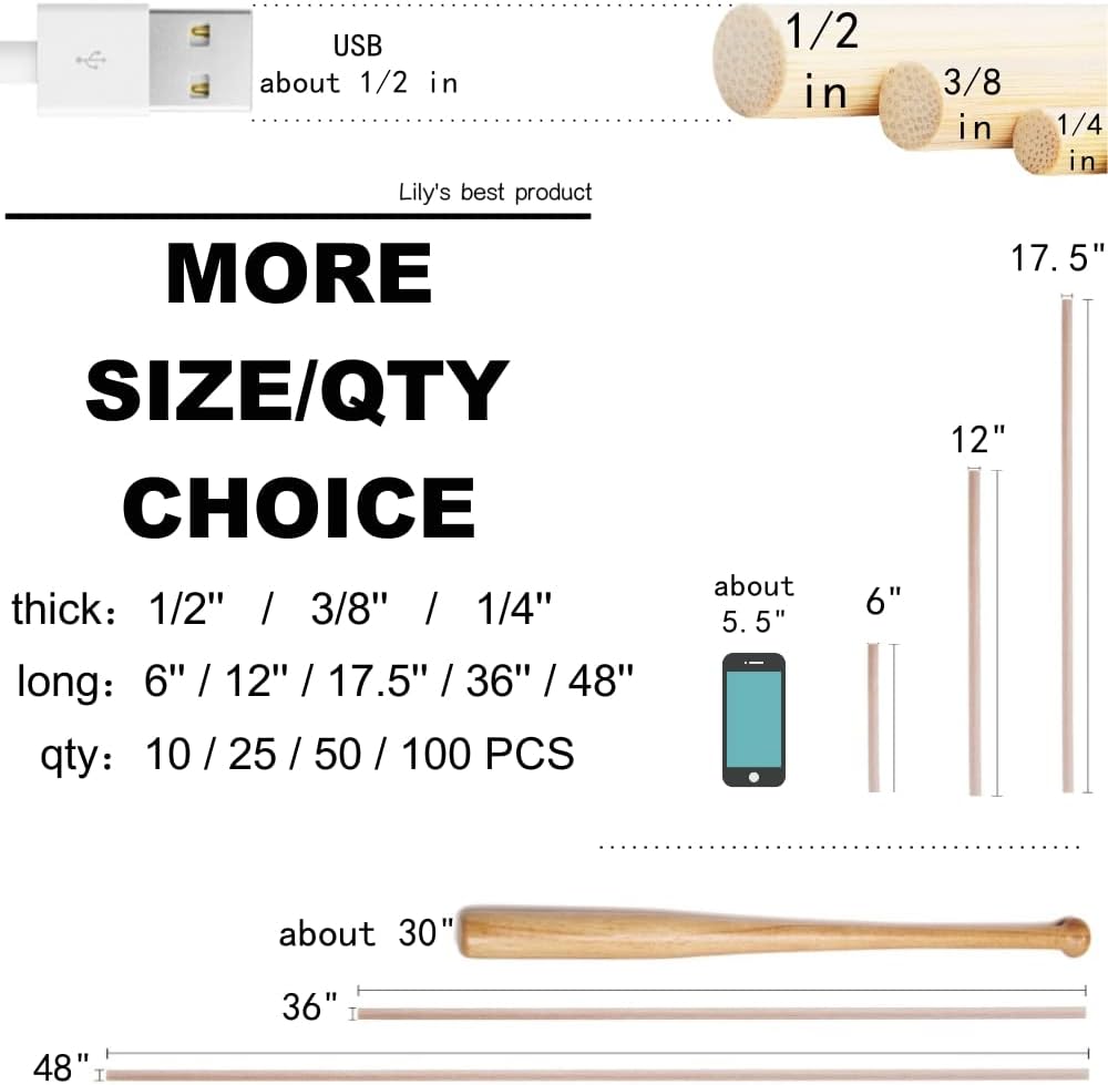 HOPELF 25PCS Wooden Dowel Rods - 1/4 x 12 Inch Bamboo Sticks - for Crafts, Cake Dowels and DIY Projects