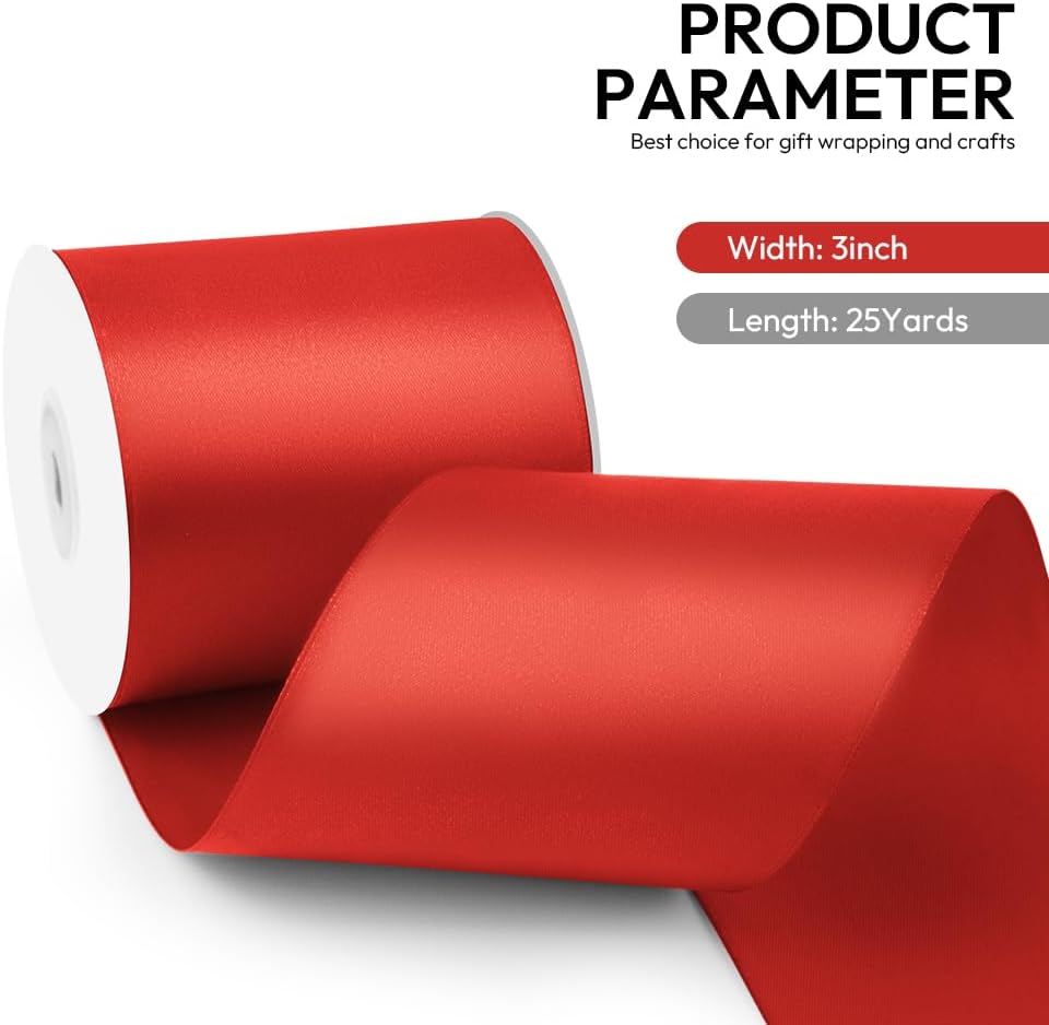 3 Inch 25 Yard Wide Satin Ribbon Red, Solid Fabric Large Ribbon Roll for Cutting Ceremony Wedding Opening Party Decoration, Chairs, Sewing, Festival Pageant Sashes