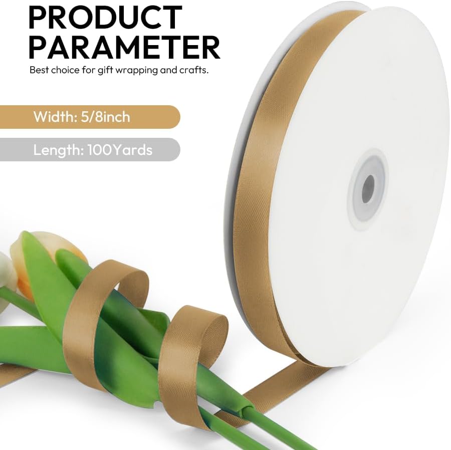 5/8 Inch 100 Yards Satin Ribbon Champagne Gold, Solid Color Fabric Ribbon for Gift Wrapping, Wedding, Polyester Gift Ribbon for Birthday Party Decoration, Craft, Hair, Floral, Sewing