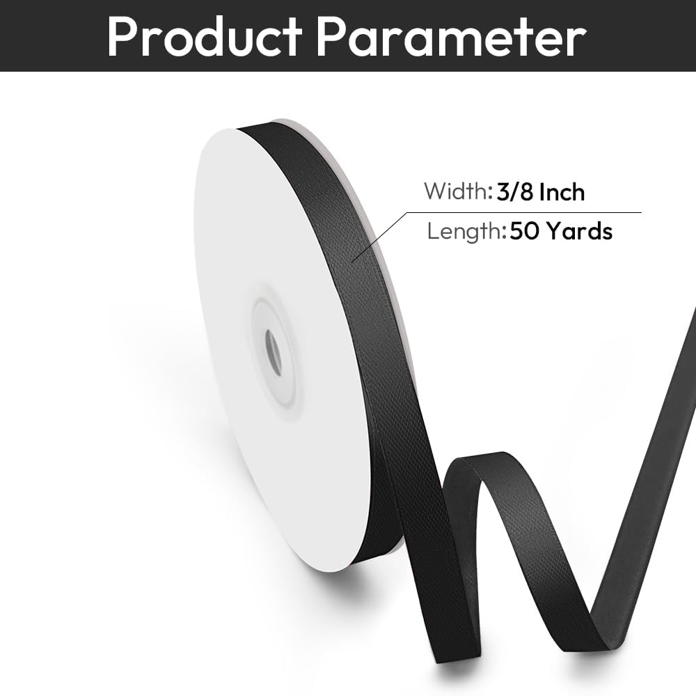 3/8" Width x 50 Yards Satin Fabric Ribbon, Thin Black Ribbon Perfect for DIY Bows, Swags, Gift Wrapping, Craft, Flower Bouquet，Christmas and Halloween Party Decoration