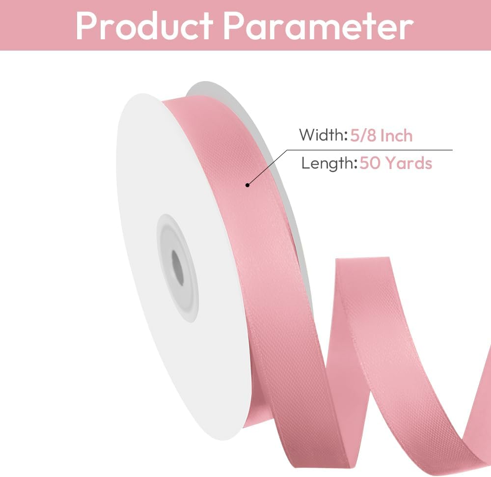 5/8" Width x 50 Yards Satin Fabric Ribbon, Pink Ribbon Perfect for DIY Bows, Swags, Gift Wrapping, Craft, Flower Bouquet，Christmas and Party Decoration