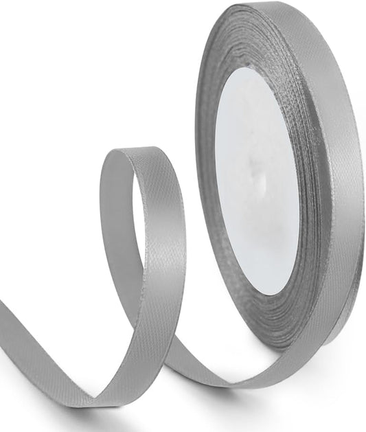 3/8 Inch 25 Yards Satin Ribbon Silver, Solid Color Fabric Ribbon for Gift Wrapping, Wedding, Polyester Gift Ribbon for Birthday Party Decoration, Craft, Hair, Floral, Sewing