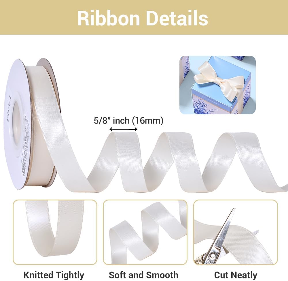 YAMA Ivory Double Face Satin Ribbon 5/8 Inch 25 Yards Ivory Silk Ribbon for Gift Package Wrapping,Floral Design,Hair Bow Clip Making,Crafting,Sewing,Wedding Decor