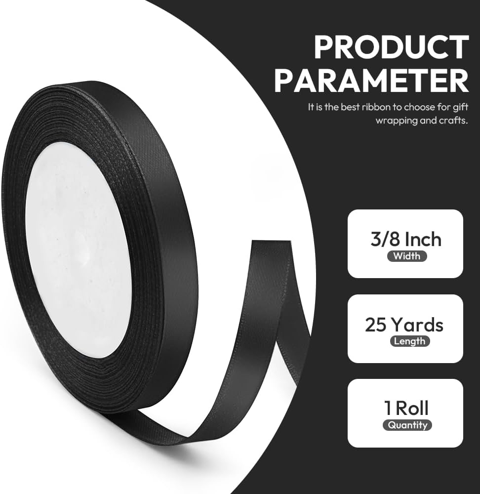 3/8" x 25 Yards Satin Ribbon, Black Silk Ribbon Ideal for Gift Wrapping, Floral Bouquets, Crafts, Wedding Party Decorations, Christmas and Sewing Projects