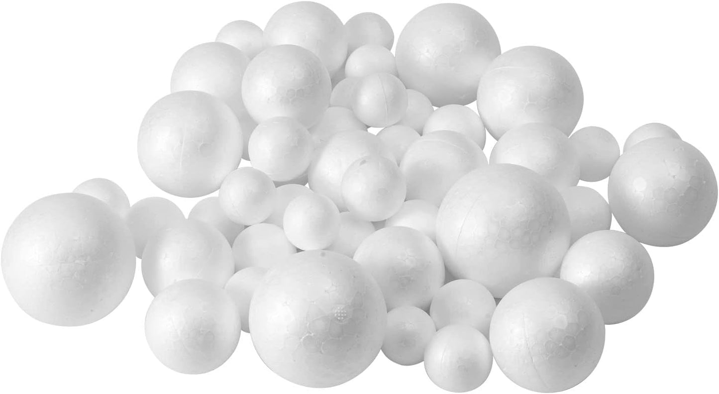 50 Pack Craft Foam Balls, 5 Sizes(1-2.4 Inches), White Polystyrene Smooth Round Balls, Foam Balls for Arts and Crafts, Christmas, DIY Craft for Home, Supplies School Craft Project and Holiday Party