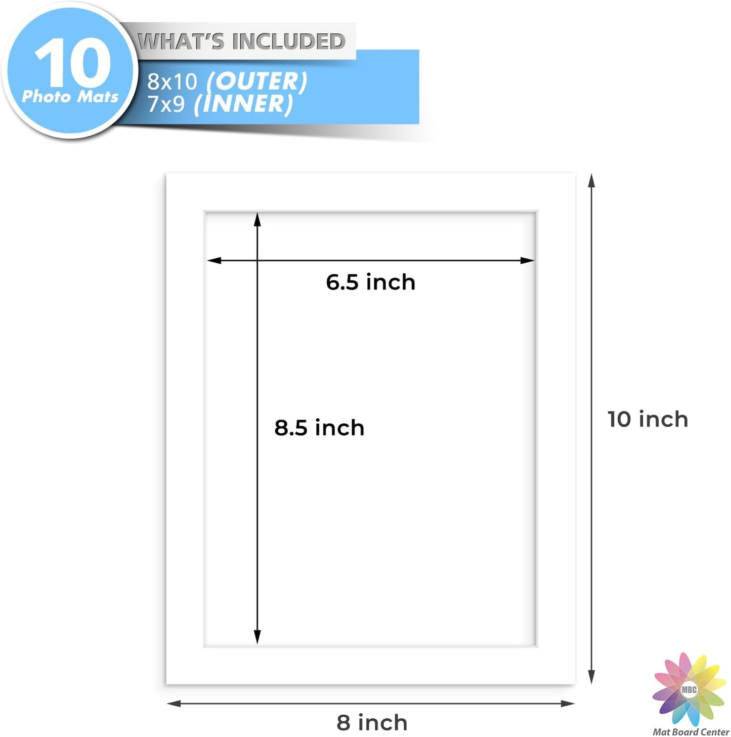MBC Mat Board Center, 10 Pack 8x10 for 7x9 White Picture Mats Frame Mattes, Bevel Cut, Acid Free, 4-ply Thickness