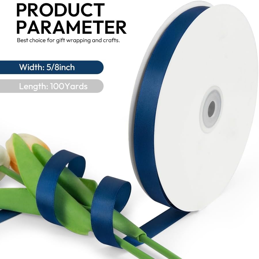 5/8 Inch 100 Yards Satin Ribbon Dark Blue, Solid Color Fabric Ribbon for Gift Wrapping, Wedding, Polyester Gift Ribbon for Birthday Party Decoration, Craft, Hair, Floral, Sewing