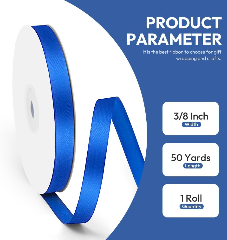3/8" x 50 Yards Satin Ribbon - Royal Blue Silk Ribbon with Spool - Ideal for Gift Wrapping, Floral Bouquets, Crafts, Wedding Party Decorations, Christmas and Sewing Projects