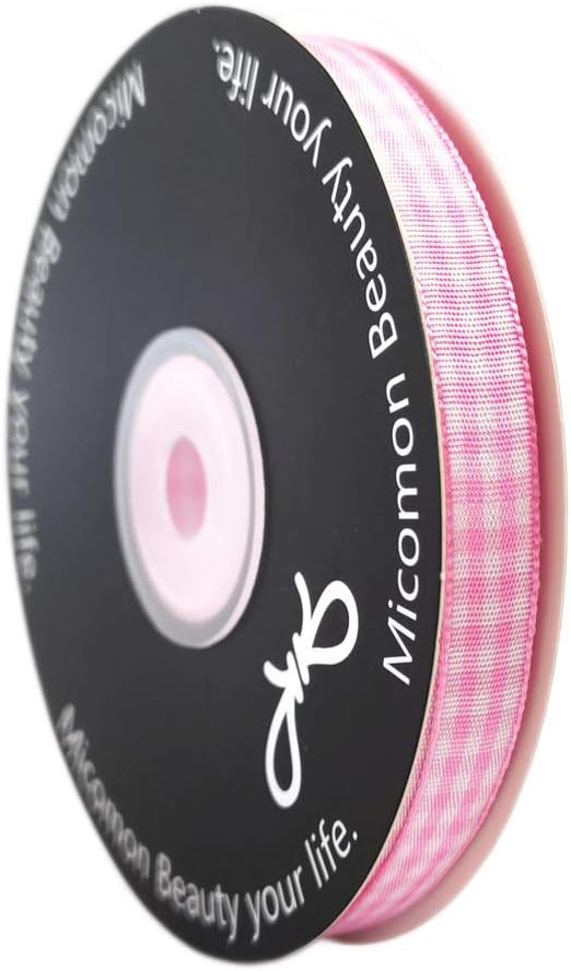 Pink Gingham Plaid Checked Ribbon 25 Yards Each Roll 100% Polyester (3/8",Pink)