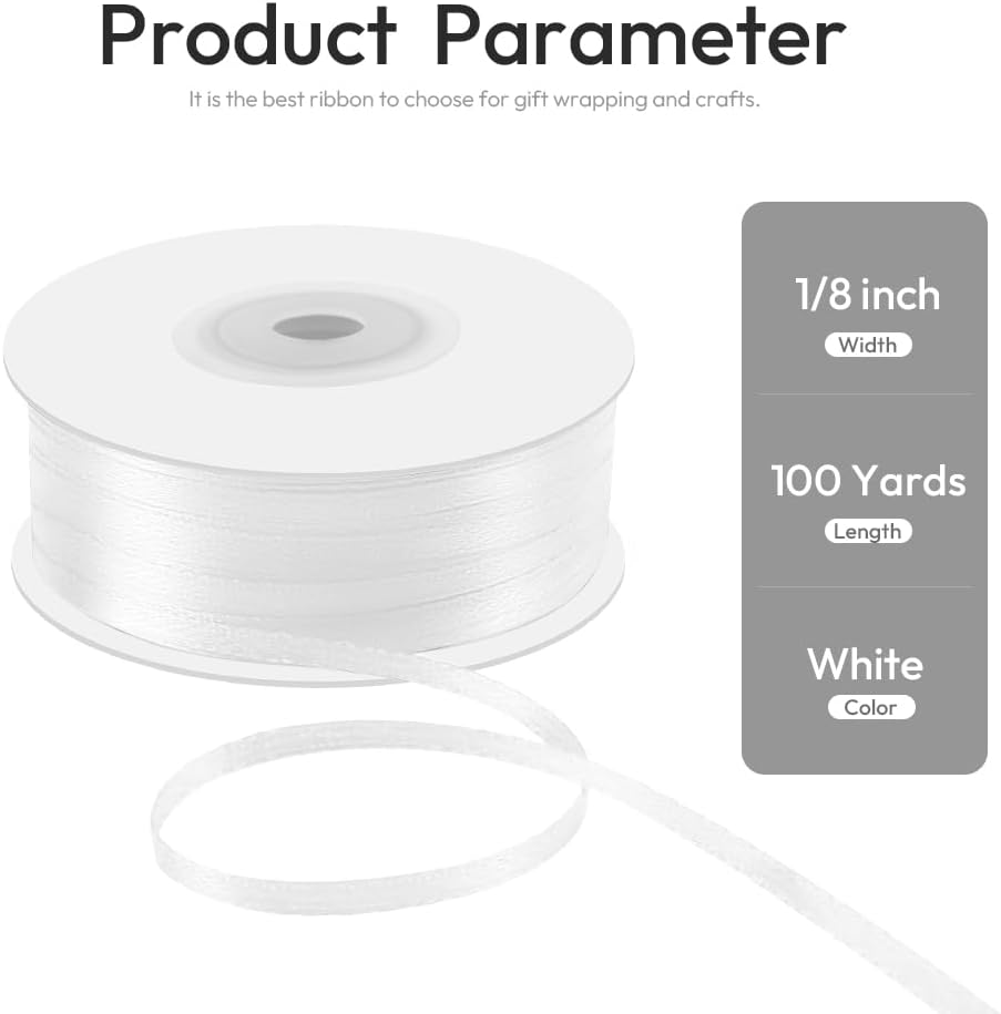 1/8" x 100 Yards Double Faced Satin Ribbon - Thin Silk White Ribbon with Spool - Ideal for Gift Wrapping, Floral Bouquets, Crafts, Wedding Party Decorations, Christmas and Sewing Projects