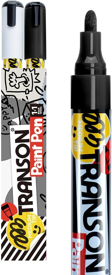 TRANSON Black and White Permanent Paint Markers for Fabric Rock Craft Diy Painting Medium Tip Oil Based Waterproof