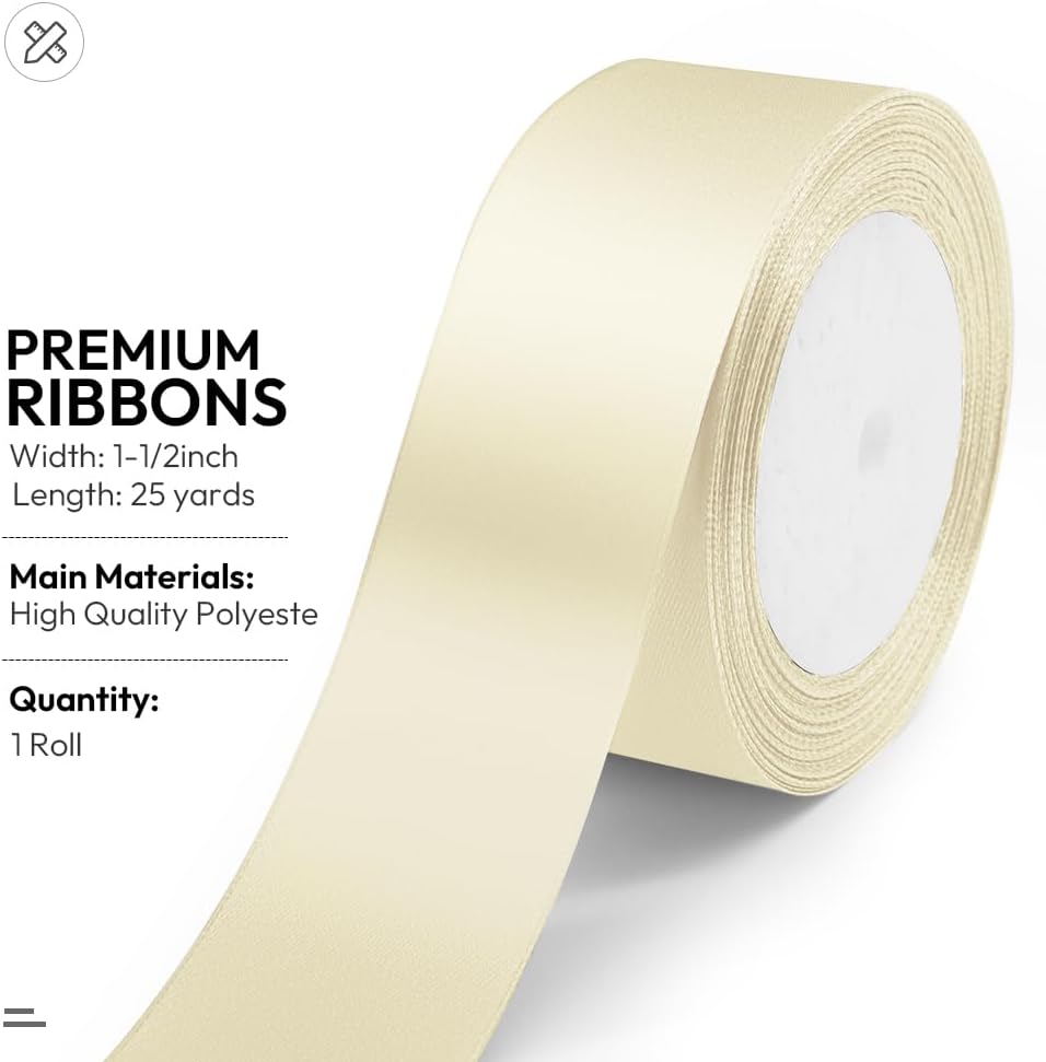 KMER LIFE Solid Color Ivory Satin Ribbon 1-1/2 Inches x 25 Yards, Beige Ribbons Perfect for Crafts, Wedding Decor, Bow Making, Sewing, Gift Package Wrapping and More