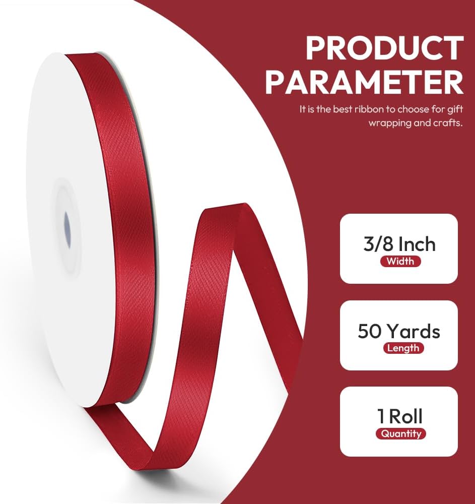 3/8" x 50 Yards Satin Ribbon - Burgundy Silk Ribbon with Spool - Ideal for Gift Wrapping, Floral Bouquets, Crafts, Wedding Party Decorations, Christmas and Sewing Projects