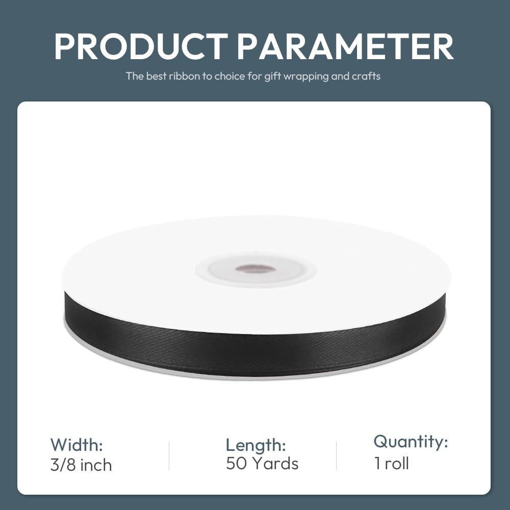 KMER LIFE 3/8" Wide x 50 Yards Black Single Faced Polyester Satin Ribbon, Black Satin Ribbon Perfect for Wedding Decor, Wreath, Crafts, Gift Wrapping & Other Projects (Black)