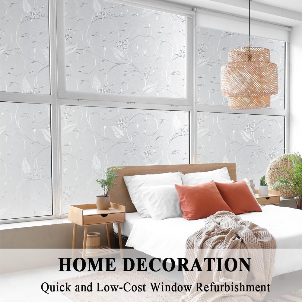 Mikomer Privacy Window Film Etched Flowers Static Cling Glass Door Film, Non Adhesive Heat Control Anti UV Window Cling for Office and Home Decoration,23.6 inches by 78.7 inches