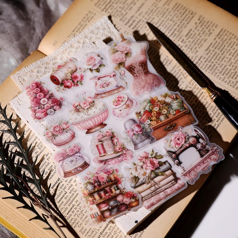 Vintage Vellum Stickers Floral Plants Elements Scrapbooking Supplies Flowers Botanic Natural Translucent Paper Self-Adhesive Junk-Journal Items (Sewing Rose)