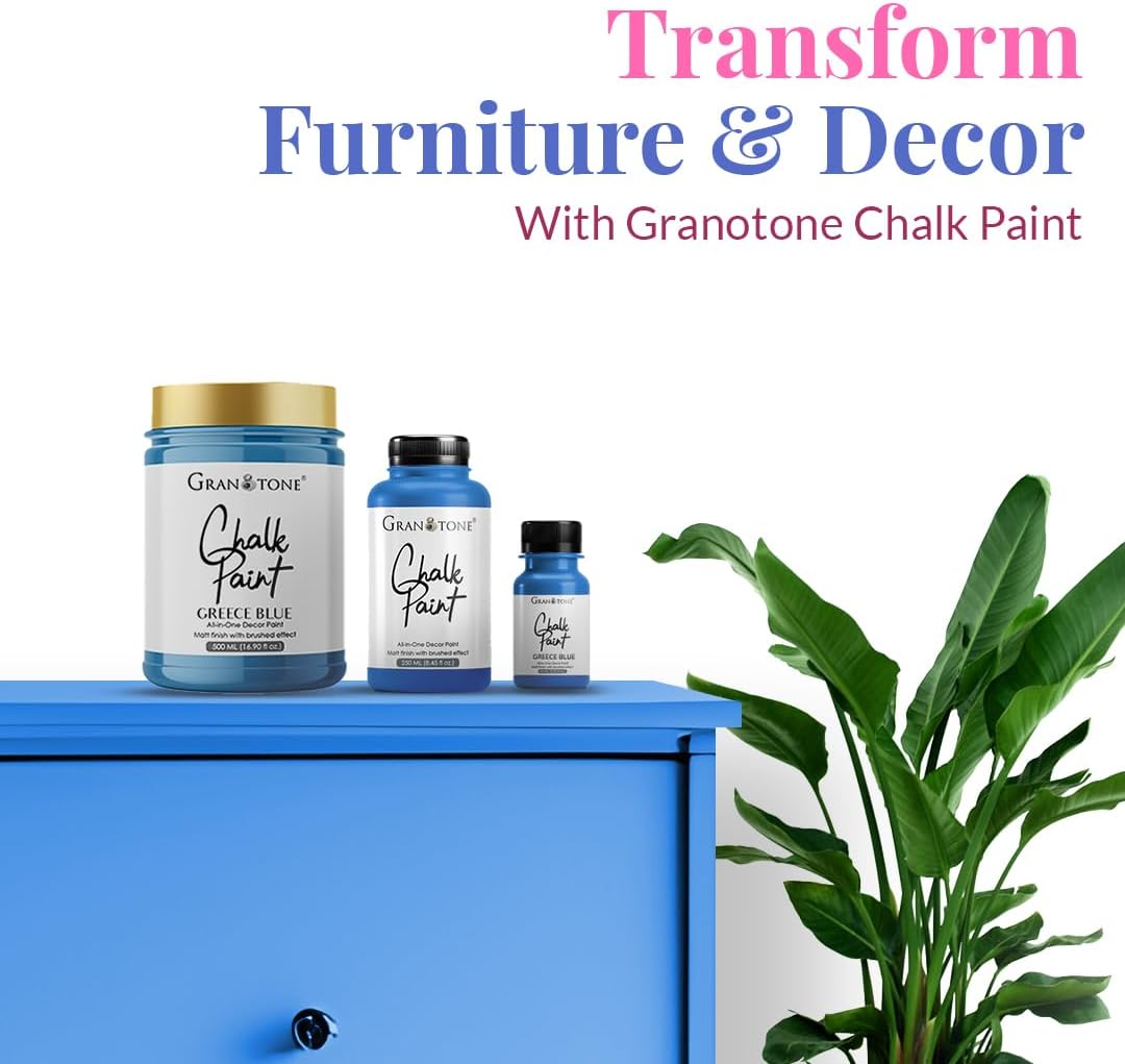 GRANOTONE Chalk Paint for Furniture, Matt-Finish Water-Based Acrylic Paint for Wood, Walls, Metal, Glass, Paper, Fabric Canvas, Maximum Coverage Chalk Paint for Kids & Adults, 250 Ml (GREECE BLUE)