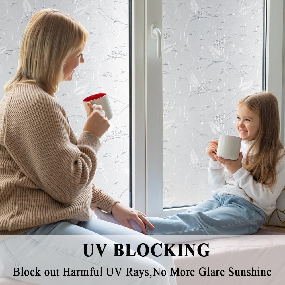 Mikomer Privacy Window Film Etched Flowers Static Cling Glass Door Film, Non Adhesive Heat Control Anti UV Window Cling for Office and Home Decoration,17.5 inches by 78.7 inches