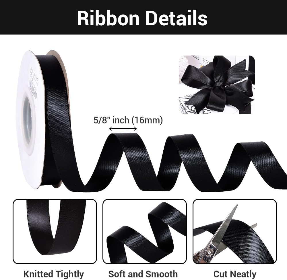 YAMA Black Double Face Satin Ribbon 5/8" 25 Yards Black Ribbon for Gift Package Wrapping,Floral Design,Hair Bow Clip Making,Crafting,Sewing,Wedding Decor