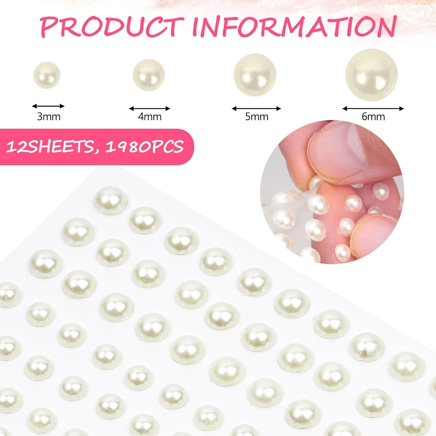 2000+pcs 12 Sheets Self Adhesive Pearl Stickers for Hair, Face, Makeup, Eye, Nail, Crafts, 3mm, 4mm, 5mm, 6mm (Off-White)