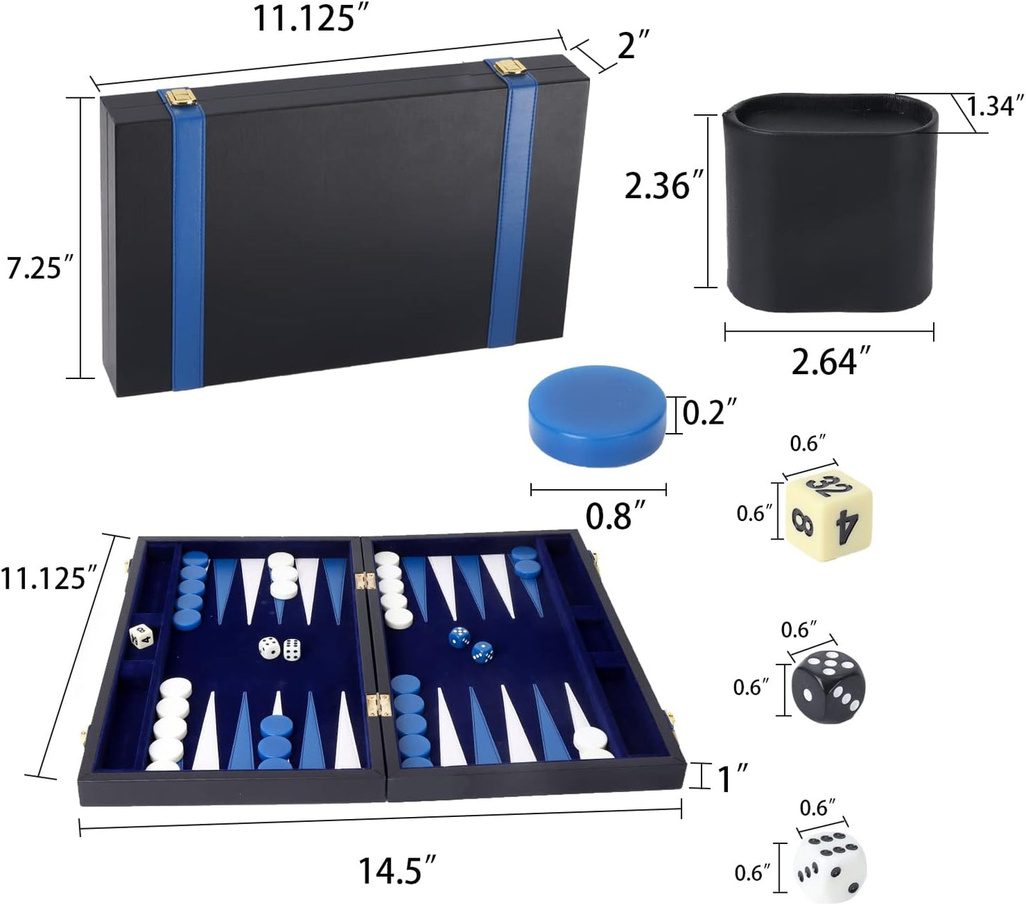 GSE Games & Sports Expert Premium Leather Backgammon Board Game Set, Classic Backgammon Game Set with Leather Case, Travel Folding Board Game (Black&Blue, Small)