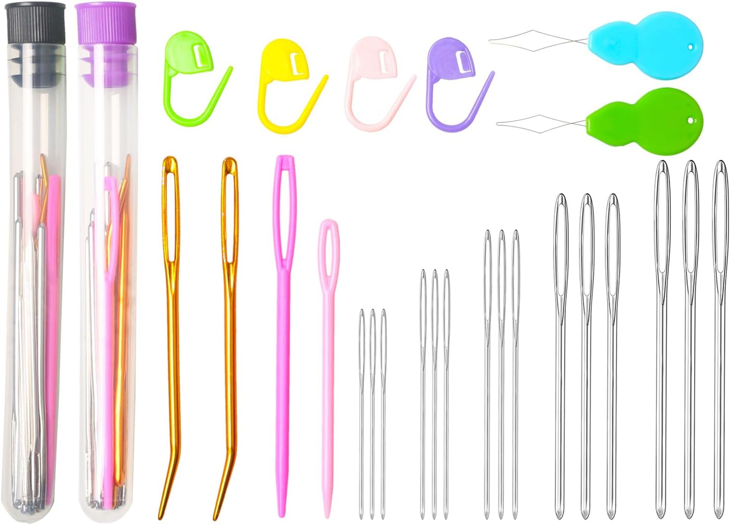 Hekisn 45Pcs Large Eye Blunt Yarn Needles Kit, Assorted Sizes Bent Tapestry Darning Needle, Sewing With Threaders & Stitch Markers for Knitting Crochet (Purple&Black)