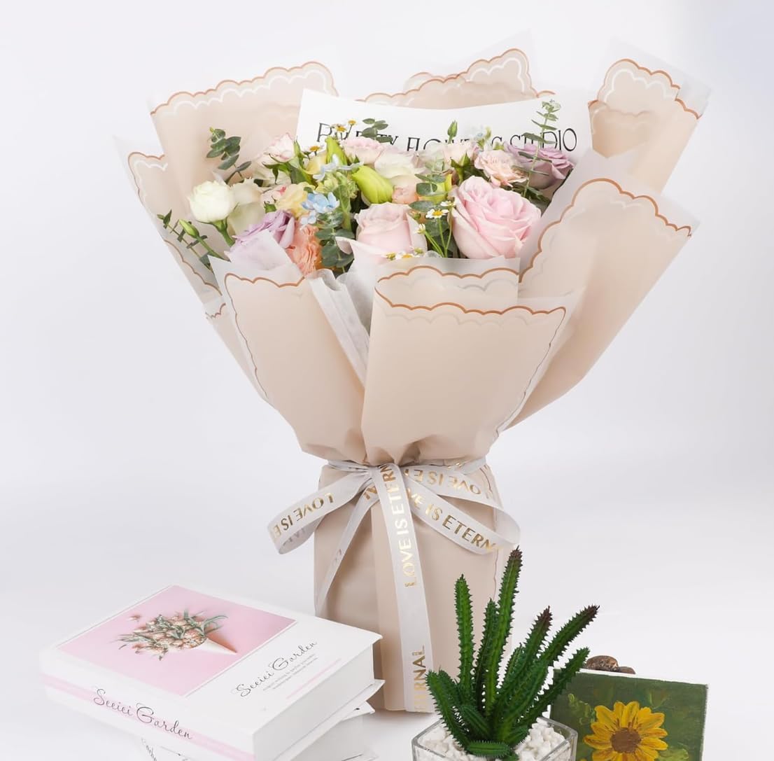 FUHITIM 20 Sheets Flower Wrapping Paper - Waterproof Floral Bouquet Wrapping Paper, Florist Supplies Packaging Paper for Wedding Birthday Gift DIY Crafts (Khaki)