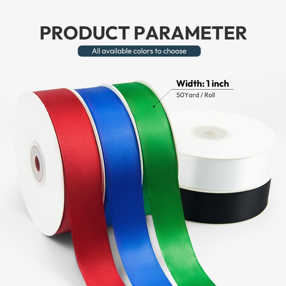 KMER LIFE 1 Inch Wide x 50 Yards Black Single Faced Polyester Satin Ribbon for Wedding Decor, Wreath, Crafts, Gift Wrapping & Other Projects