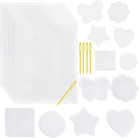 Pllieay 36-Piece Mesh Canvas Sheets Kit - 30 Shapes, 6 Rectangular Canvases & Embroidery Tools for Plastic Canvas Craft