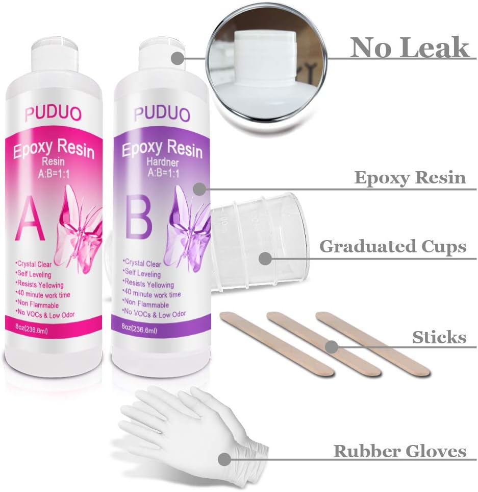 Epoxy Resin Crystal Clear Kit for Art, Jewelry, Crafts, Coating- 16 OZ Including 8OZ Resin and 8OZ Hardener | Bonus 4 pcs Measuring Cups, 3pcs Sticks, 1 Pair Rubber Gloves by Puduo