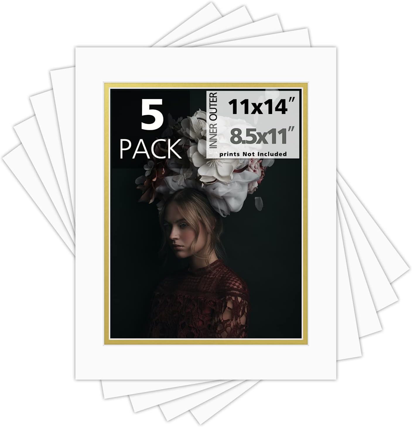 Mat Board Center, Double Mat - Acid Free, 8-ply Thickness, White Core - for Pictures, Photos, Framing (Off White Over Gold, 11x14 for 8.5x11, Pack of 5)
