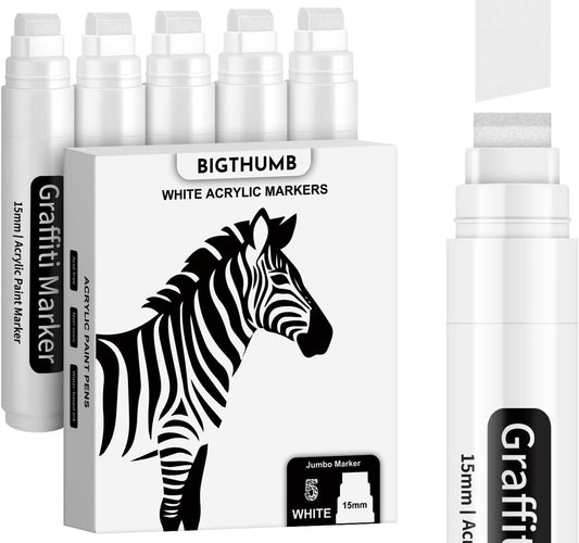 White Poster Markers Jumbo Paint Pen: 5 pcs 15mm Wide Tip Thick Acrylic Paint Pen Large Graffiti Markers for Rock Painting, Stone, Sign, Canvas, Glass, Wood, Ceramic
