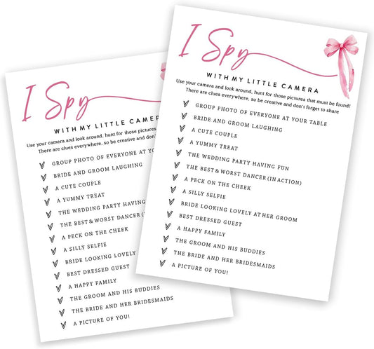 Wedding Shower Games Cards, I Spy with My Little Camera, Bridal Shower Games 25 Guests, Engagement Party Wedding Games for Guests, Pink Ribbon Bow Wedding Party Supplies - E02