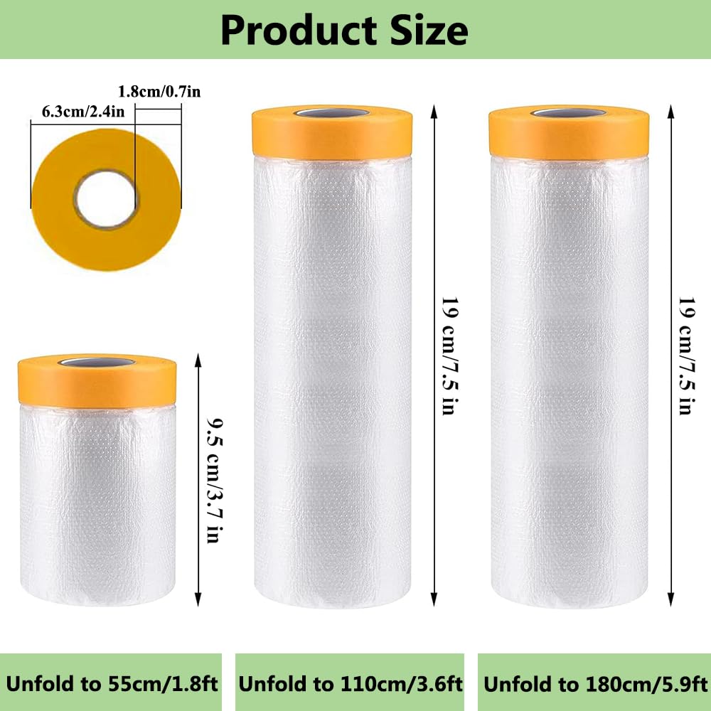 Pre-Taped Masking Film-22inx65ft Tape and Drape Painters Plastic Rolls, Plastic Painting Film for Automotive Painting Covering,Protective Drop Film for Furniture, Car, Floor (4rolls, 22in×65ft)