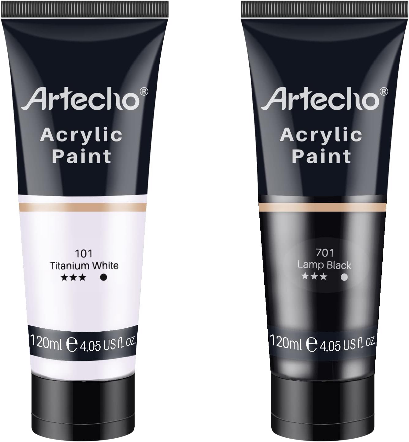 Artecho Professional Acrylic Paint, White and Black (120ml / 4.05oz) Tubes, Art Craft Paints for Canvas, Rock, Stone, Wood, Fabric, Art Supplies