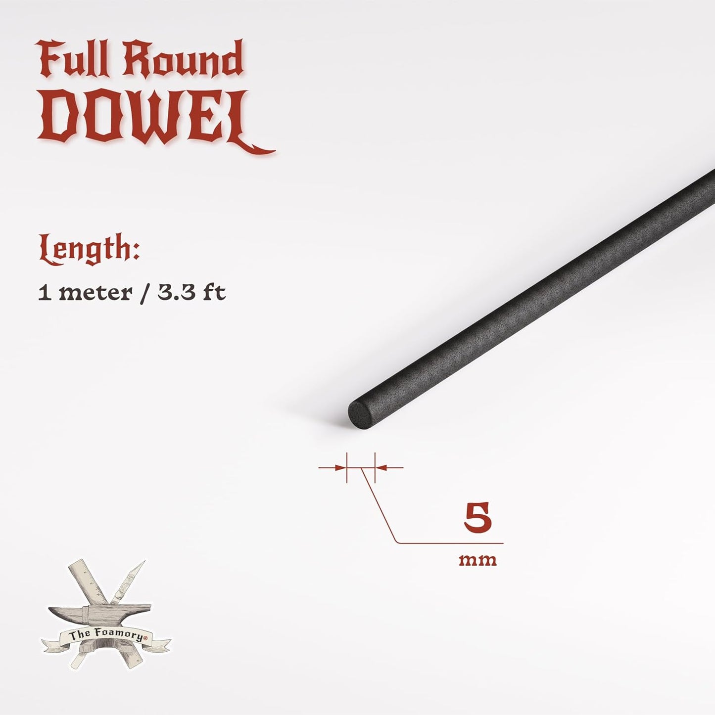 The Foamory's No Waste Full Round EVA Foam Dowels. 3 Pack 5-40mm x 1M High-Density Black Craft Foam Sticks. Pre-Cut, Paint-Ready Cosplay Trim. Time Saving, Bevel Enhances Armor, Weapons and Costumes