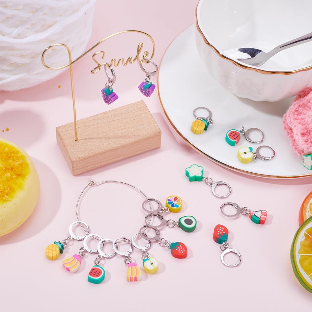 SUNNYCLUE 1 Box 40Pcs Stitch Markers Locking Crocheting Markers Knitting Fruit Polymer Clay Beads Cute Removable Clip on Charm Leverback Clasps Crochet Stitch Markers for Yarns Knit Crocheting Sewing