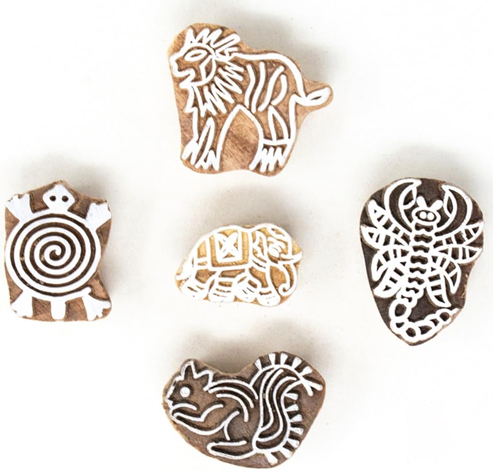 Handcarved Wooden Stamps for Block Printing - Stamps for Mehndi, Saree Border, Scrapbooking, Fabric Textile Paper, Kids, Art Work | Set of 5 | Hashcart®