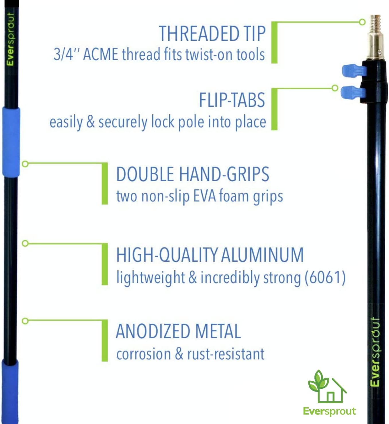 EVERSPROUT 6.5-to-18 Foot Telescopic Extension Pole (25 Ft Reach) | Lightweight Sturdy Aluminum | Easy Flip-Tab Lock Mechanism | Twist-On Metal Tip works for Squeegee, Duster, Paint Roller (pole only)