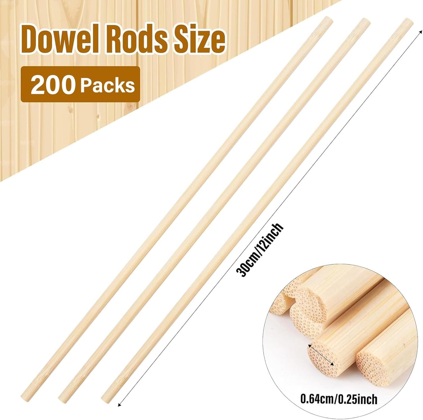 200Pcs Wooden Dowel Rods 1/4 x 12 Inch Precut Wooden Rod Sticks, Wood Sticks for Crafts, Natural Wood Dowels for Craft,Cake Dowels Hardwood Craft Dowel Rods for DIY Projects (200)