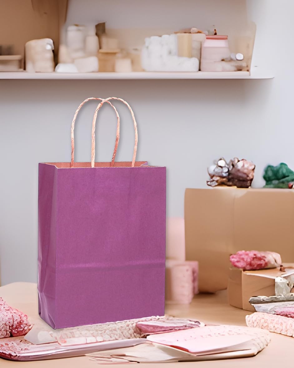 qiqee 60 pcs Kraft Bags with Handles 7.6"x4.75"x10.5" Medium Gift Paper Bag Purple Solid Color Bags