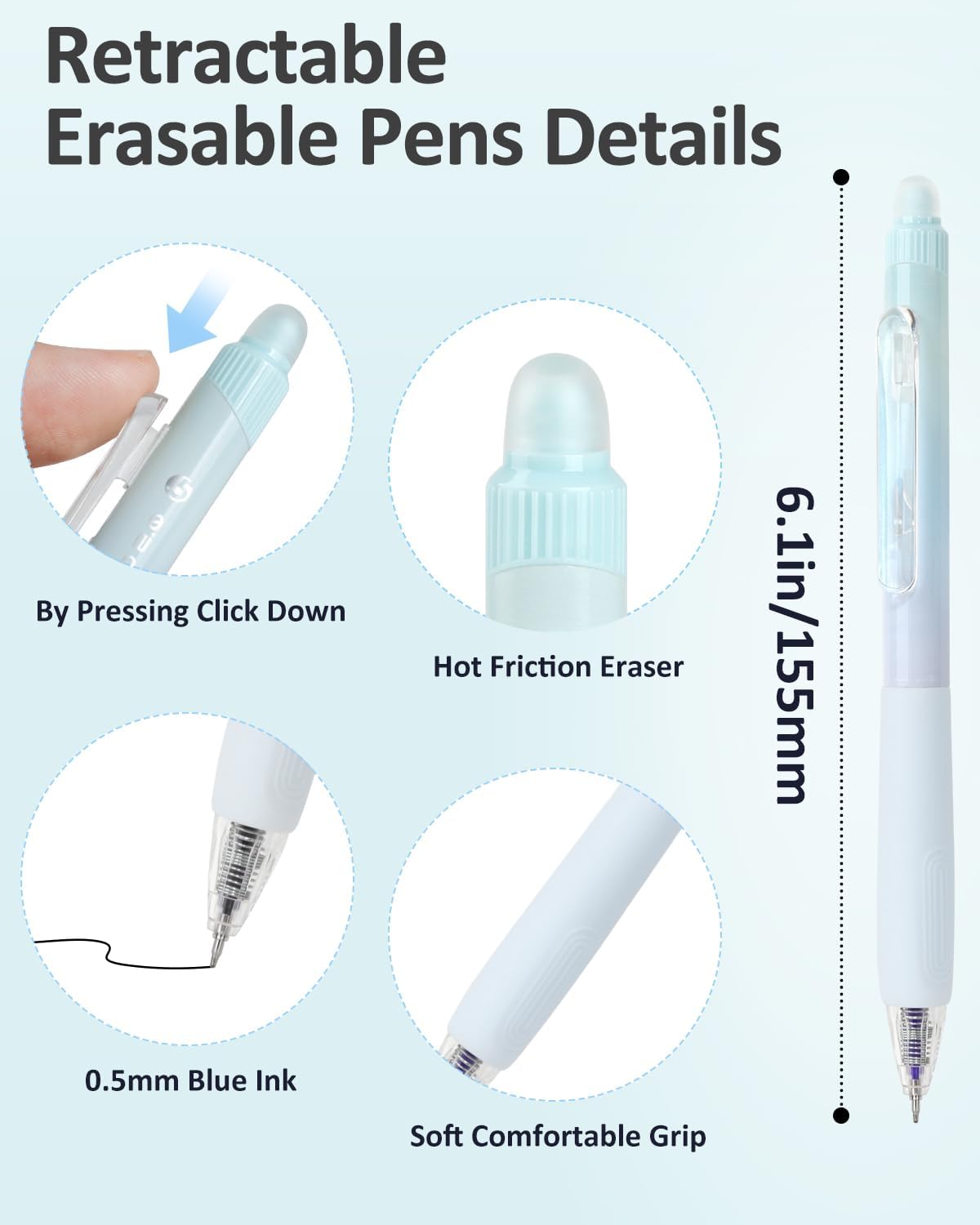 Erasable Pens, 6 Pack Fine Point 0.5mm Black Erasable Gel Pens with 360°Rotating Erasers, Make Mistakes Disappear, Comfort Grip for Drawing, Writing, Planning, and Crossword Puzzles (Black Ink)