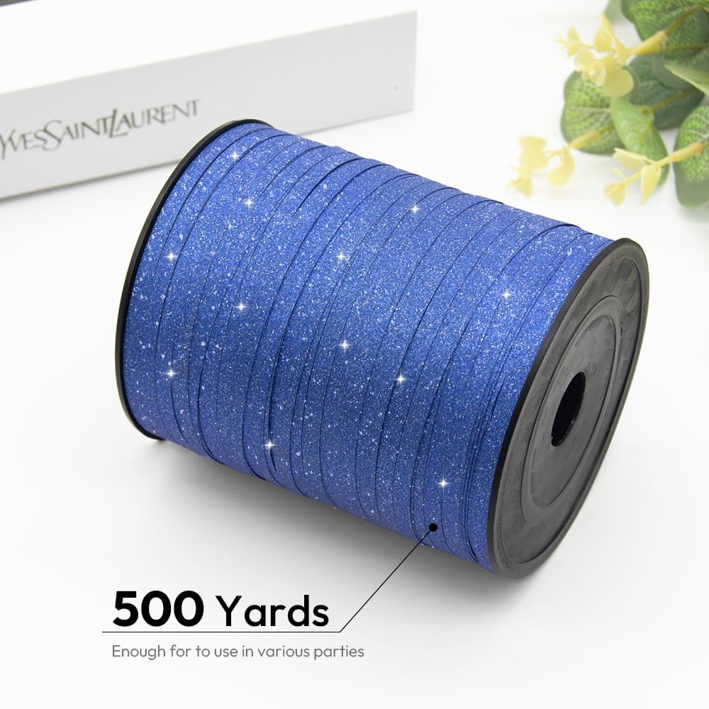 Blue Glitter Curling Ribbon, 1/5" Wide x 500 Yards Christmas Curling Ribbons for Gift Wrapping, Party Decoration, Balloon String, Crafting, Balloon Ribbons for Florist Flower (1 Roll)
