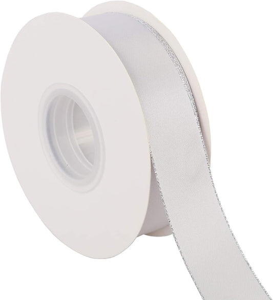 ITIsparkle 1" Inch Double Faced Satin Ribbon 25 Yards with Silver Edges, 1" X 25Yd - Shell Grey