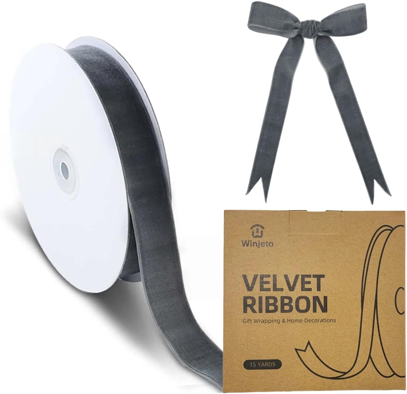 15 Yards Velvet Ribbon 1 Inch Single Face Grey Velvet Ribbon Spool Prefect for Wedding, Ribbons for Gift Wrapping, Vintage Christmas Decor Tree Ornaments Wreath Hair Bows, Ribbons for Crafts