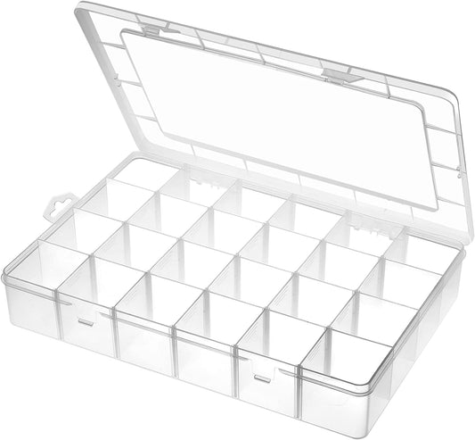 Large 24 Grids Plastic Organizer Box Adjustable Dividers,Clear Storage Box for Jewelry, Art DIY Crafts, Washi Tapes, Beads and Small Parts
