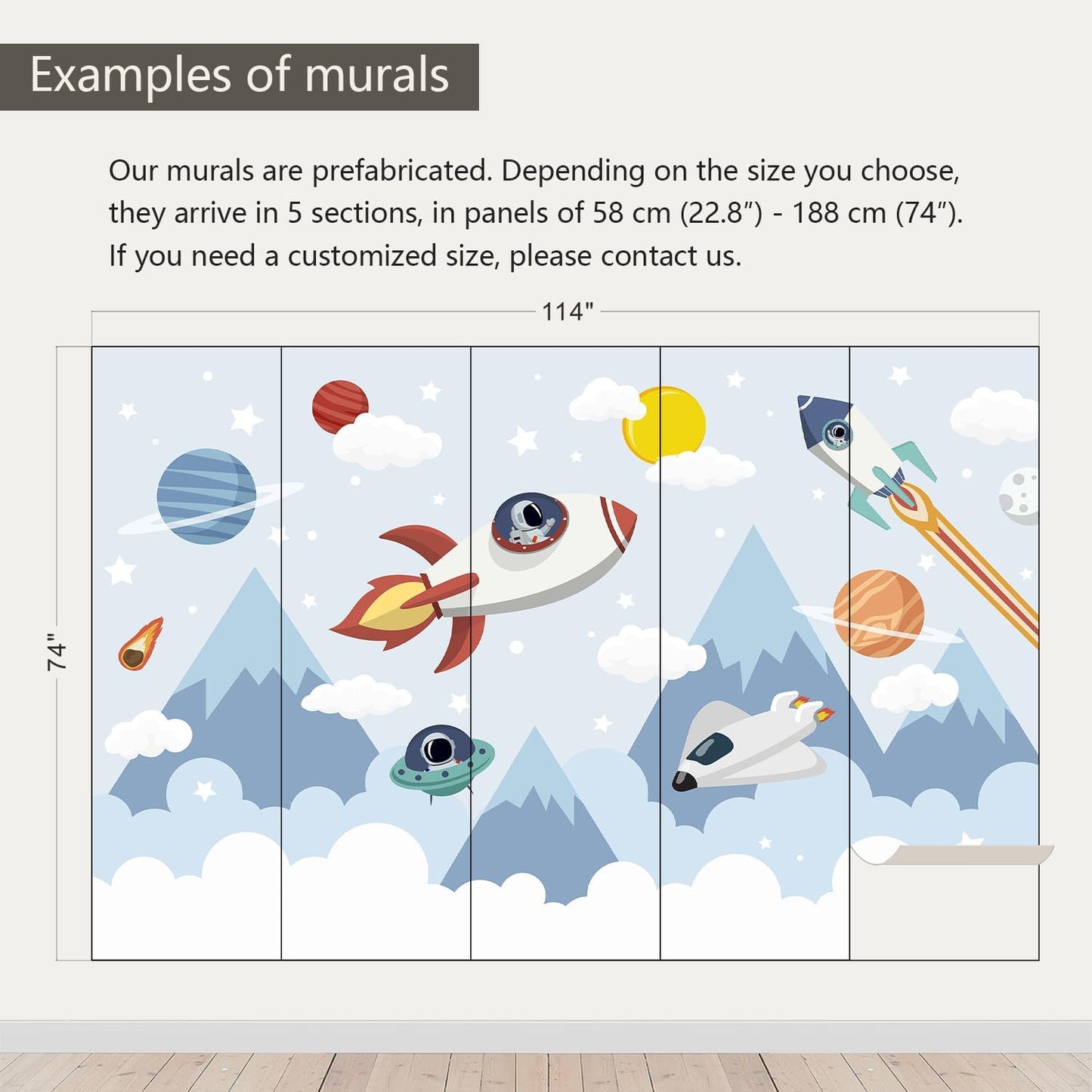 AFZEVEB-Space Mural Hand-Painted Cartoon Wallpaper for Kids Room 114"x74"(Not Peel and Stick)