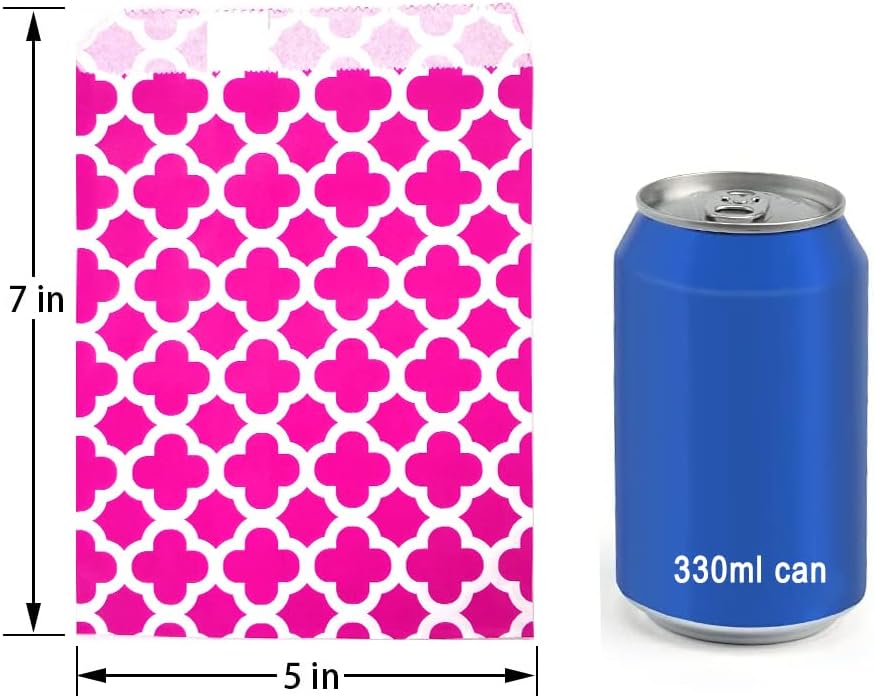 KEYYOOMY 100 Pcs Hot Pink Candy Buffet Bags Small Cookie Bags Polka Dot Paper Treat Bag for Wedding Birthday Party (5 inch x 7 inch)