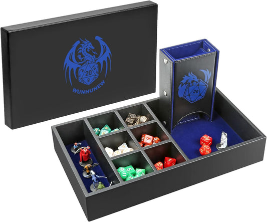 DND Dice Tray & Tower Storage Box, 4 in 1 D&D Dice Holder Case (Dice Rolling Tray, Dice Roller Tower, Dice & Miniature Storage), Great RPG Accessories Gifts for Dungeons and Dragons MTG DM & Player